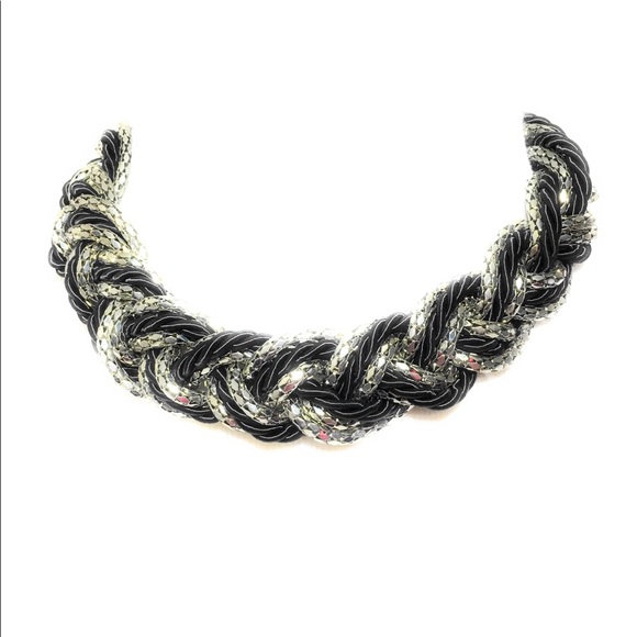 Silver Tone Black Rope Braided Choker Necklace - Picture 6 of 7